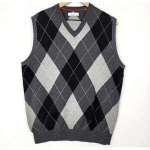 Alex Cannon Argyle Knit Sweater Vest Mens L Cotton Gray Classic Academia Preppy